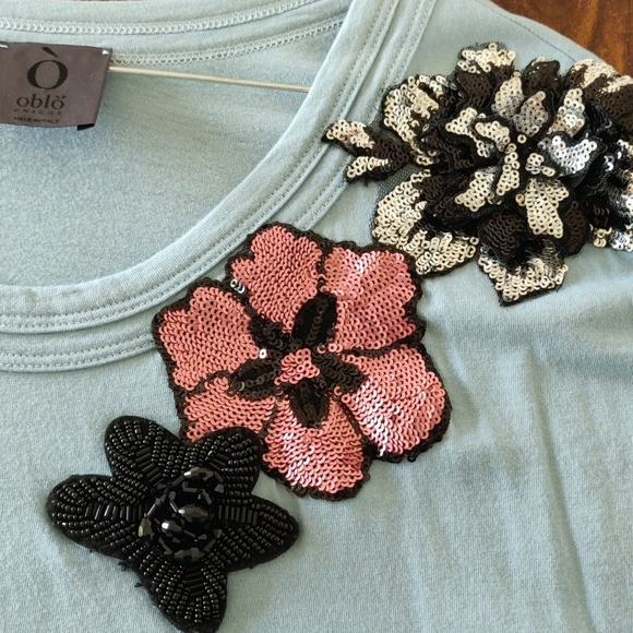 Blue T-shirt (Italy)Cotton with flowers decoration 🇮🇹 - Picture 6 of 6